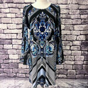MSK Blue, Black & White A-Line Long Sleeve Dress Size L